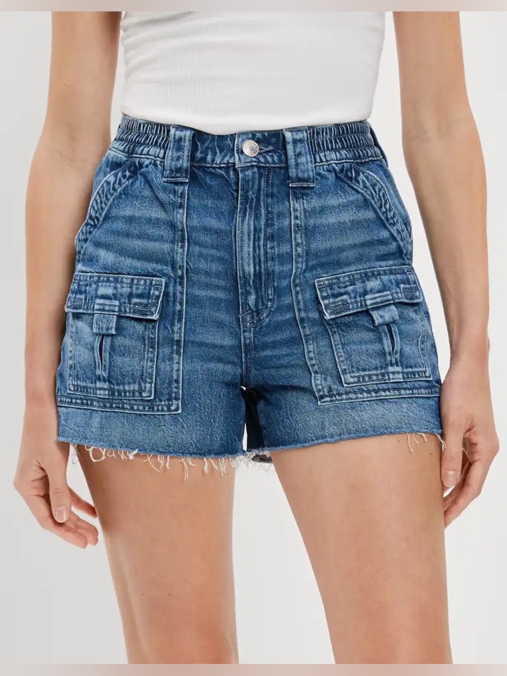 American Eagle Dreamy Drape Denim Highest Waist 90s Cargo Shorts